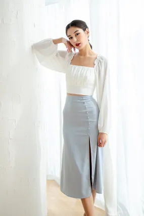 TALLULA SATIN MIDI SKIRT IN FROST BLUE