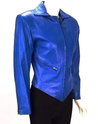 1980s Yves Saint Laurent Blue Leather Jacket and Skirt Ensemble