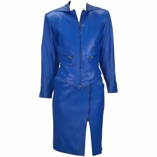 1980s Yves Saint Laurent Blue Leather Jacket and Skirt Ensemble