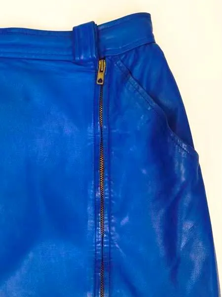 1980s Yves Saint Laurent Blue Leather Jacket and Skirt Ensemble