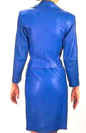 1980s Yves Saint Laurent Blue Leather Jacket and Skirt Ensemble