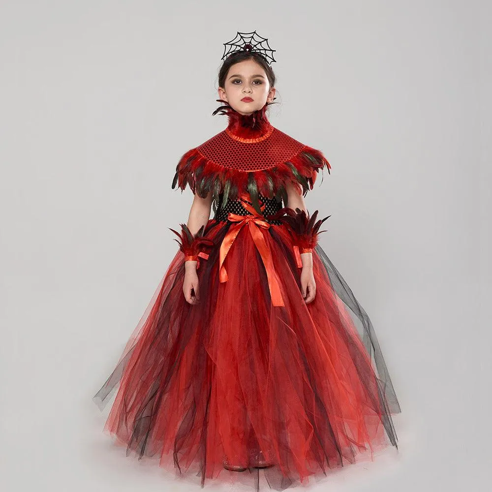 2-10 years old Halloween cosplay children's costume horror red girl princess dress fluffy feather dress   headdress 4-piece set