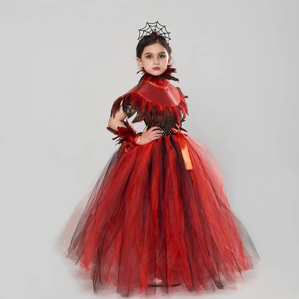 2-10 years old Halloween cosplay children's costume horror red girl princess dress fluffy feather dress   headdress 4-piece set