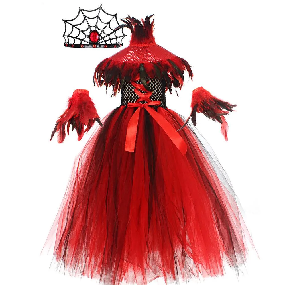 2-10 years old Halloween cosplay children's costume horror red girl princess dress fluffy feather dress   headdress 4-piece set