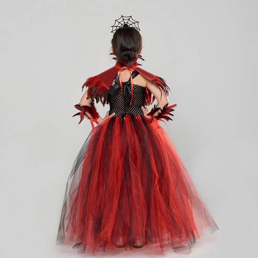 2-10 years old Halloween cosplay children's costume horror red girl princess dress fluffy feather dress   headdress 4-piece set