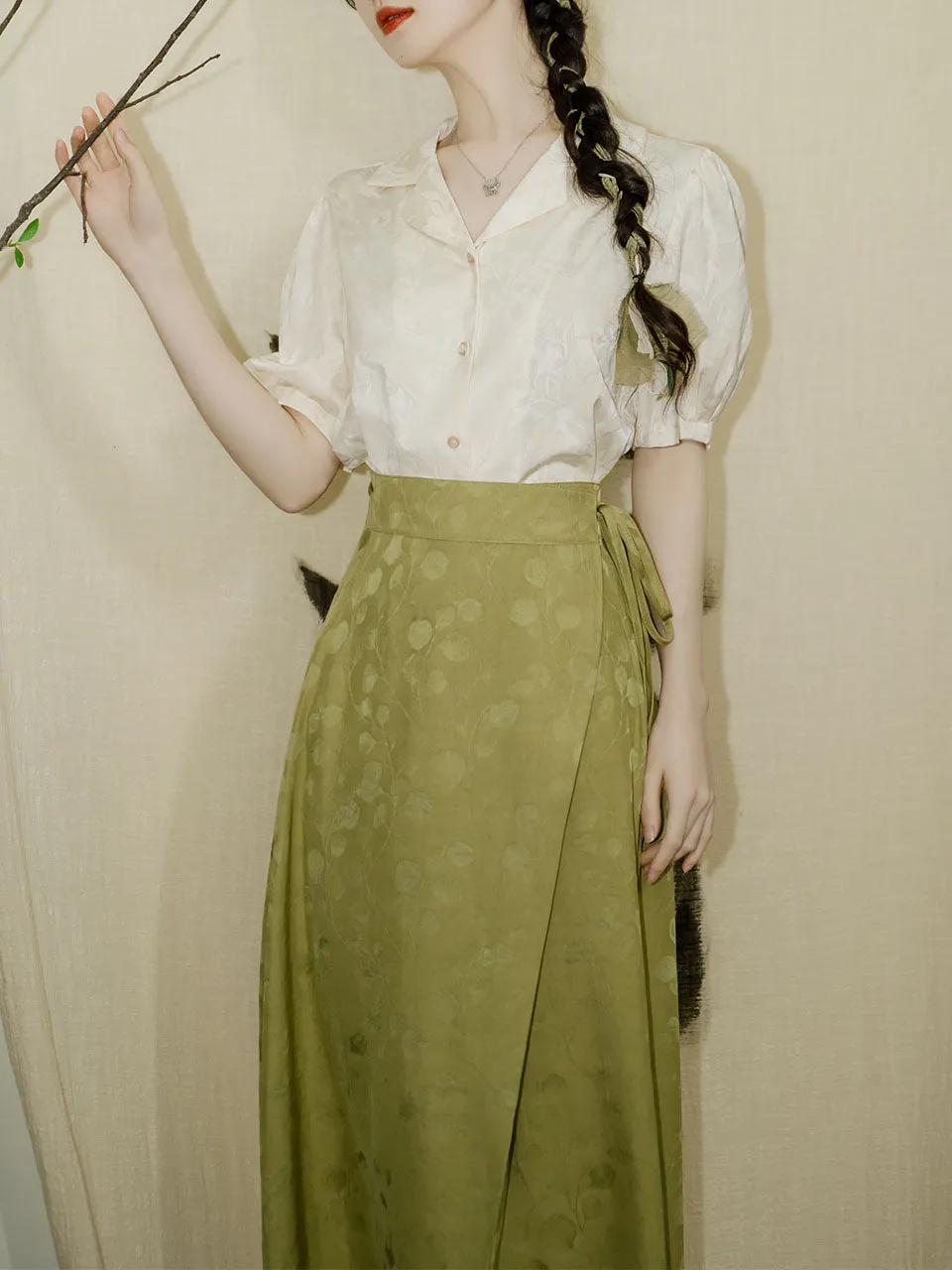 2PS Green Turn Down Collar Flower Embroidered Shirt And Swing Skirt Dress Set