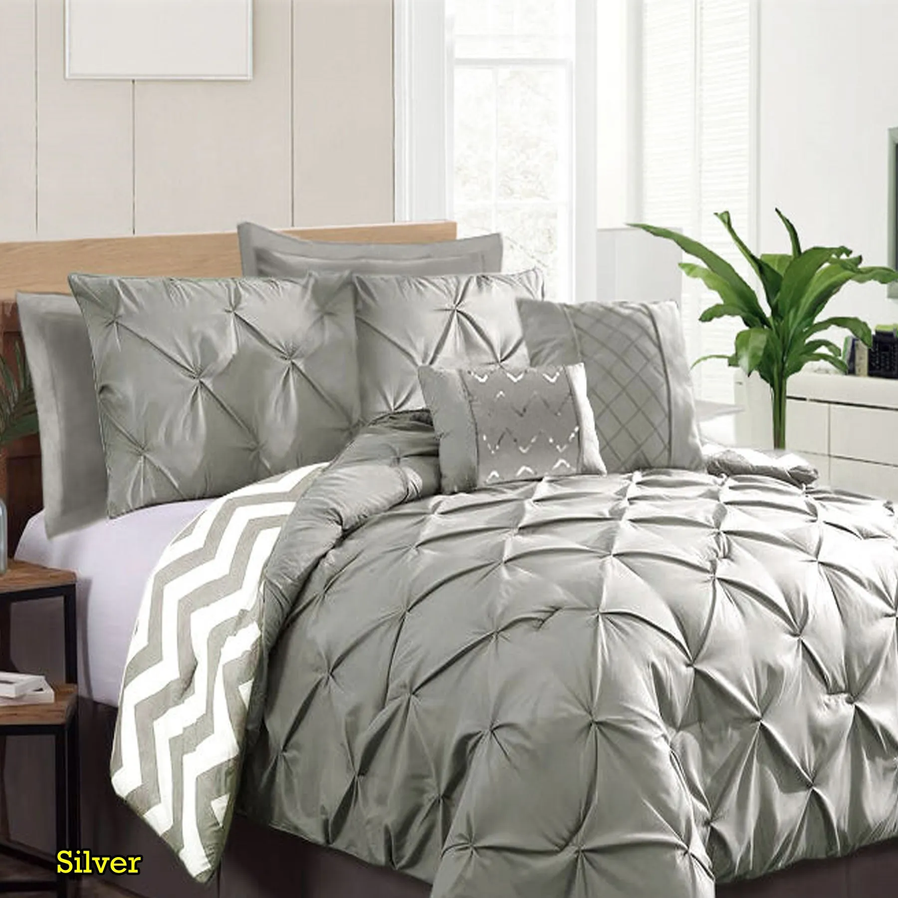 7 Piece Pinch Pleat Comforter Set Silver King