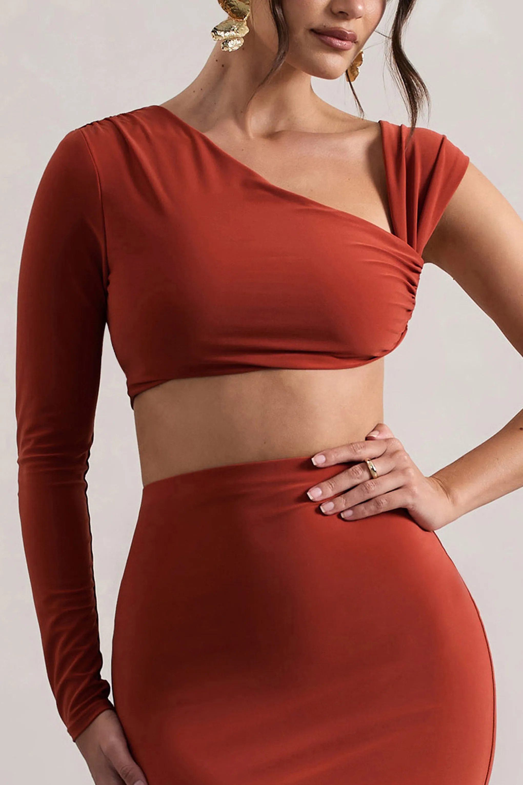 Agalia | Terracotta Ruched Asymmetric One-Sleeve Crop Top