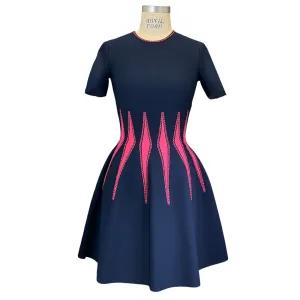 Alexander McQueen Navy Blue / Hot Pink 2017 Short Sleeved Diamond Knit Dress