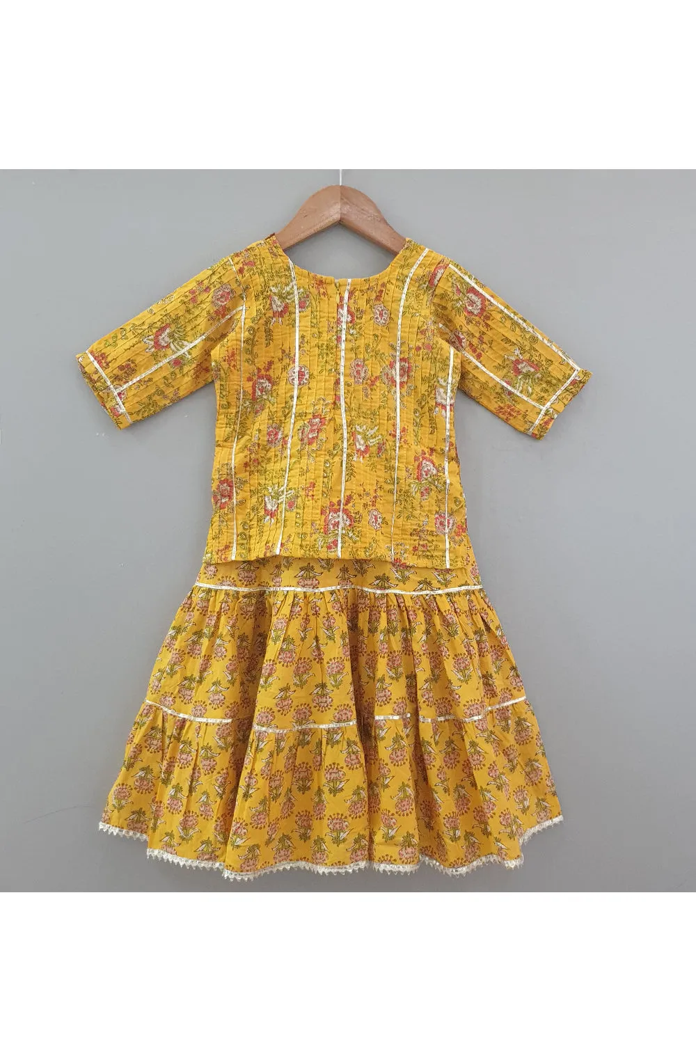 Anarkali style mustard floral print kurta with attached lehenga