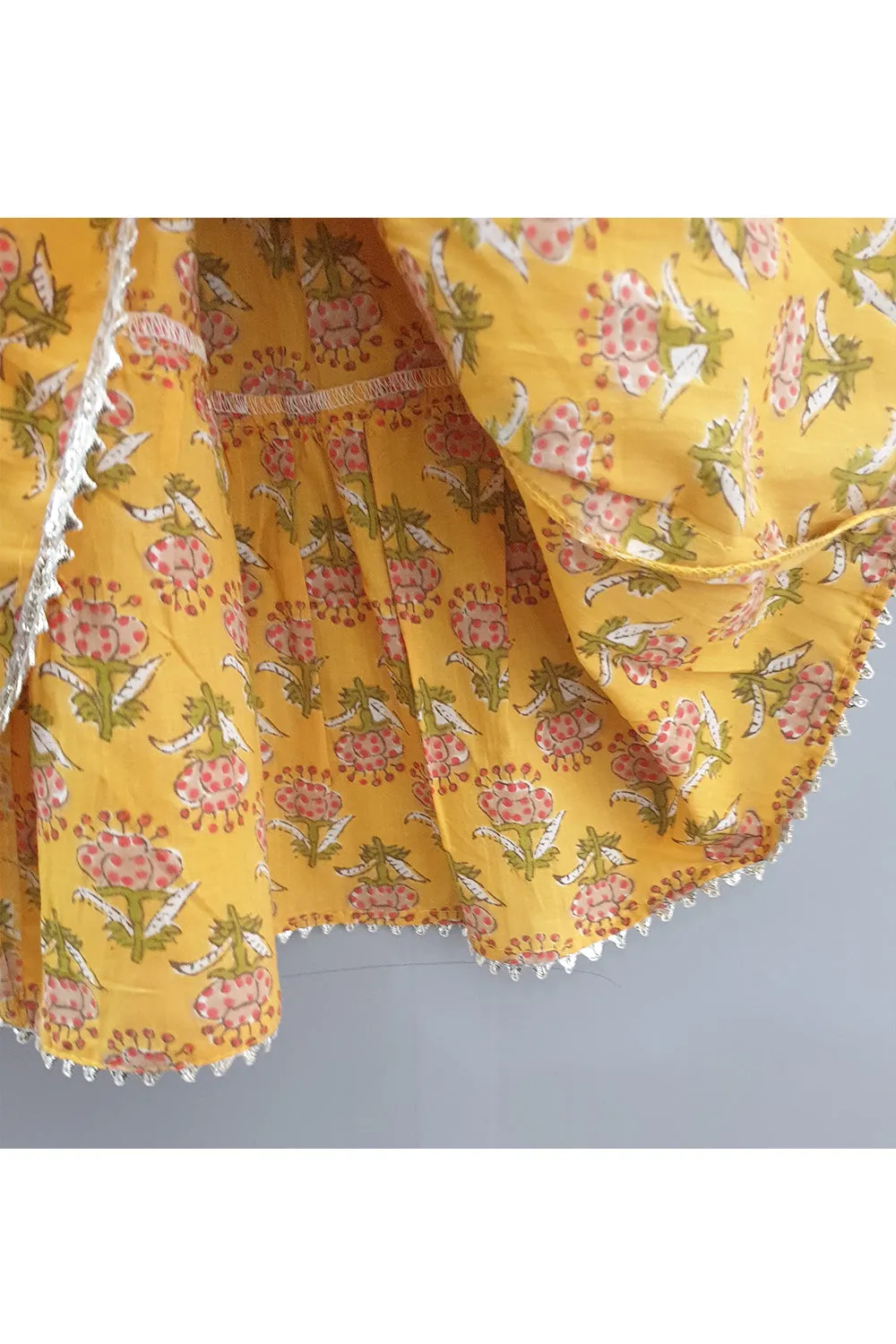 Anarkali style mustard floral print kurta with attached lehenga