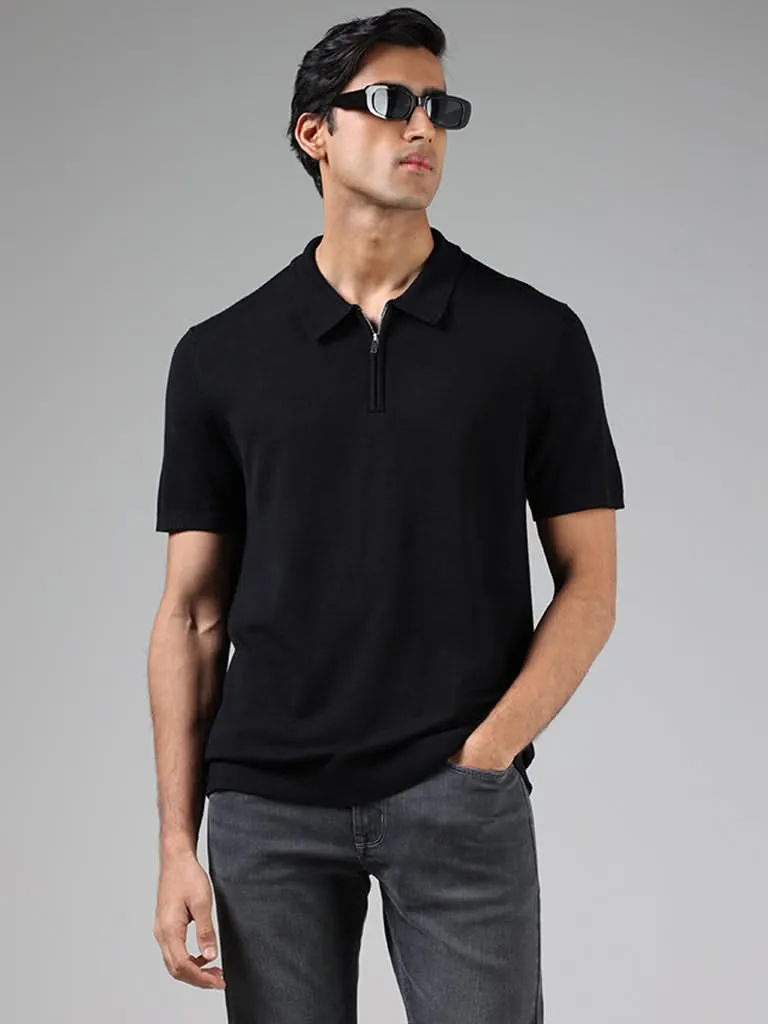 Ascot Black Relaxed-Fit Polo Zipper T-Shirt