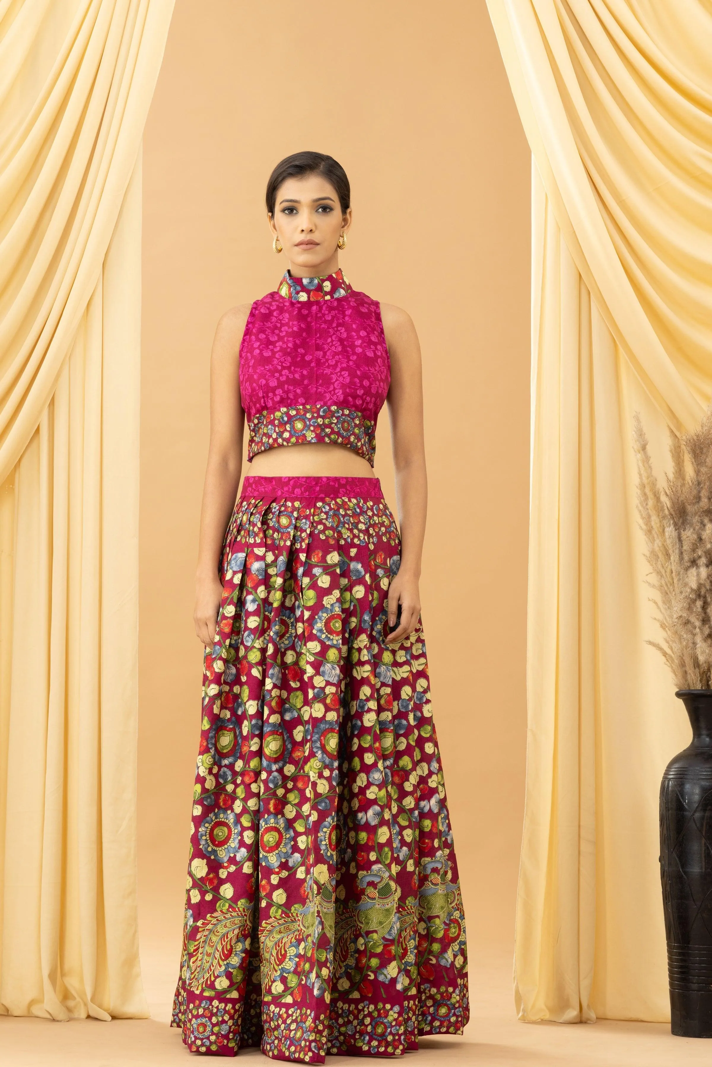 Aseel Plum Kalamkari Silk Blouse Skirt Set