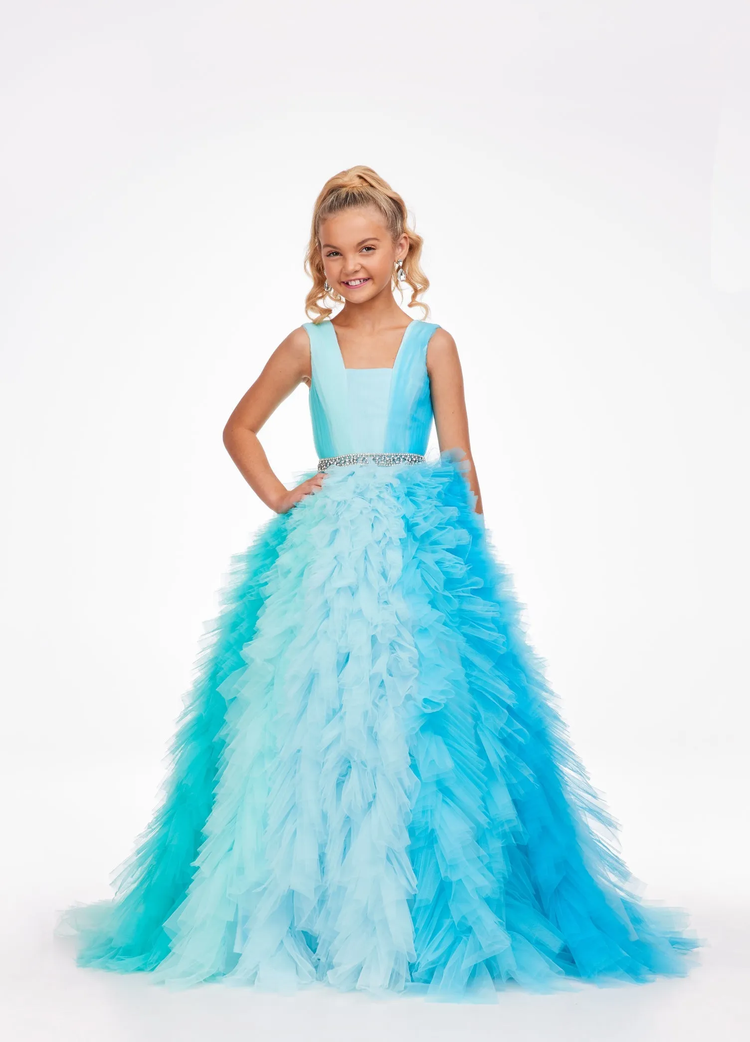 Ashley Lauren Kids 8137 Size 12 Blue Girls Preteens Pageant Dress Layered Tulle Skirt Square Neckline