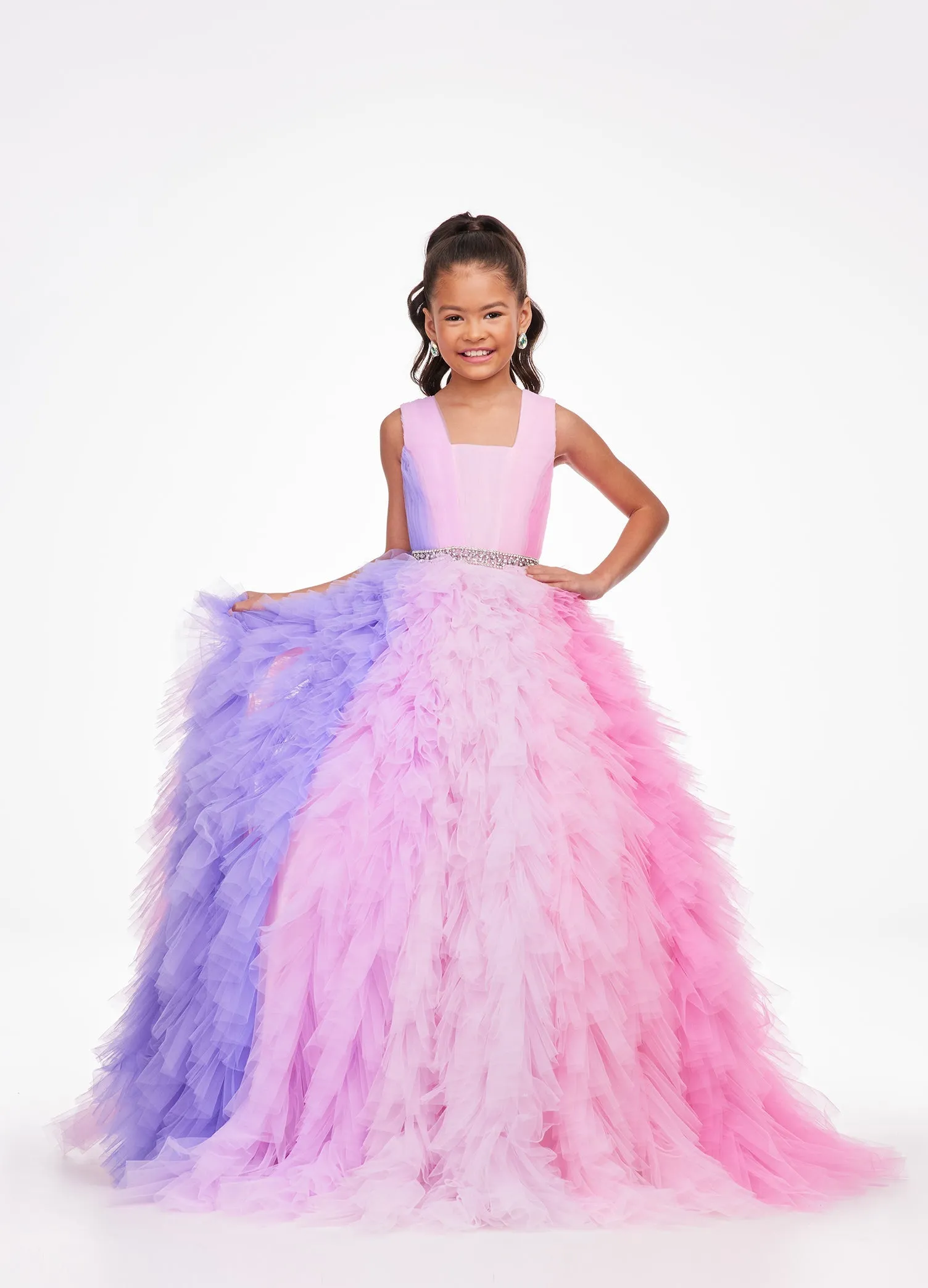 Ashley Lauren Kids 8137 Size 12 Blue Girls Preteens Pageant Dress Layered Tulle Skirt Square Neckline