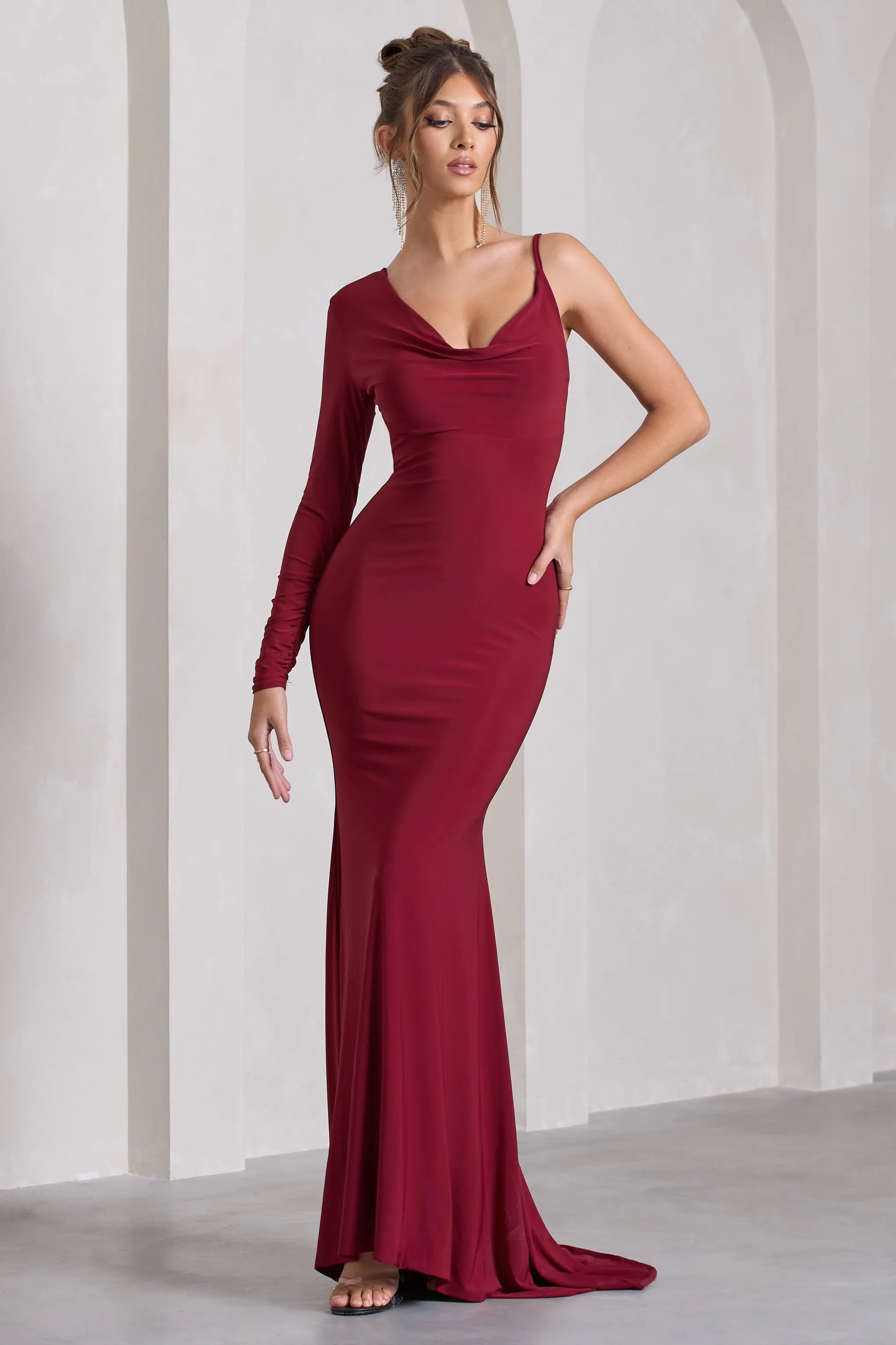 At Dusk | Berry Red One-Sleeved Cowl-Neck Fishtail Maxi Dress