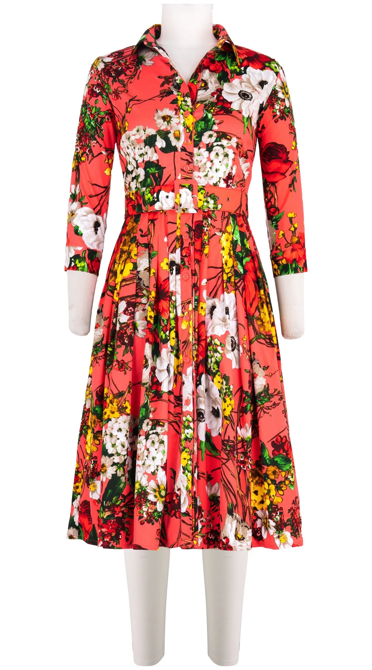 Audrey Dress #2 Shirt Collar 3/4 Sleeve Midi Length Cotton Stretch (Alpine Flowers)