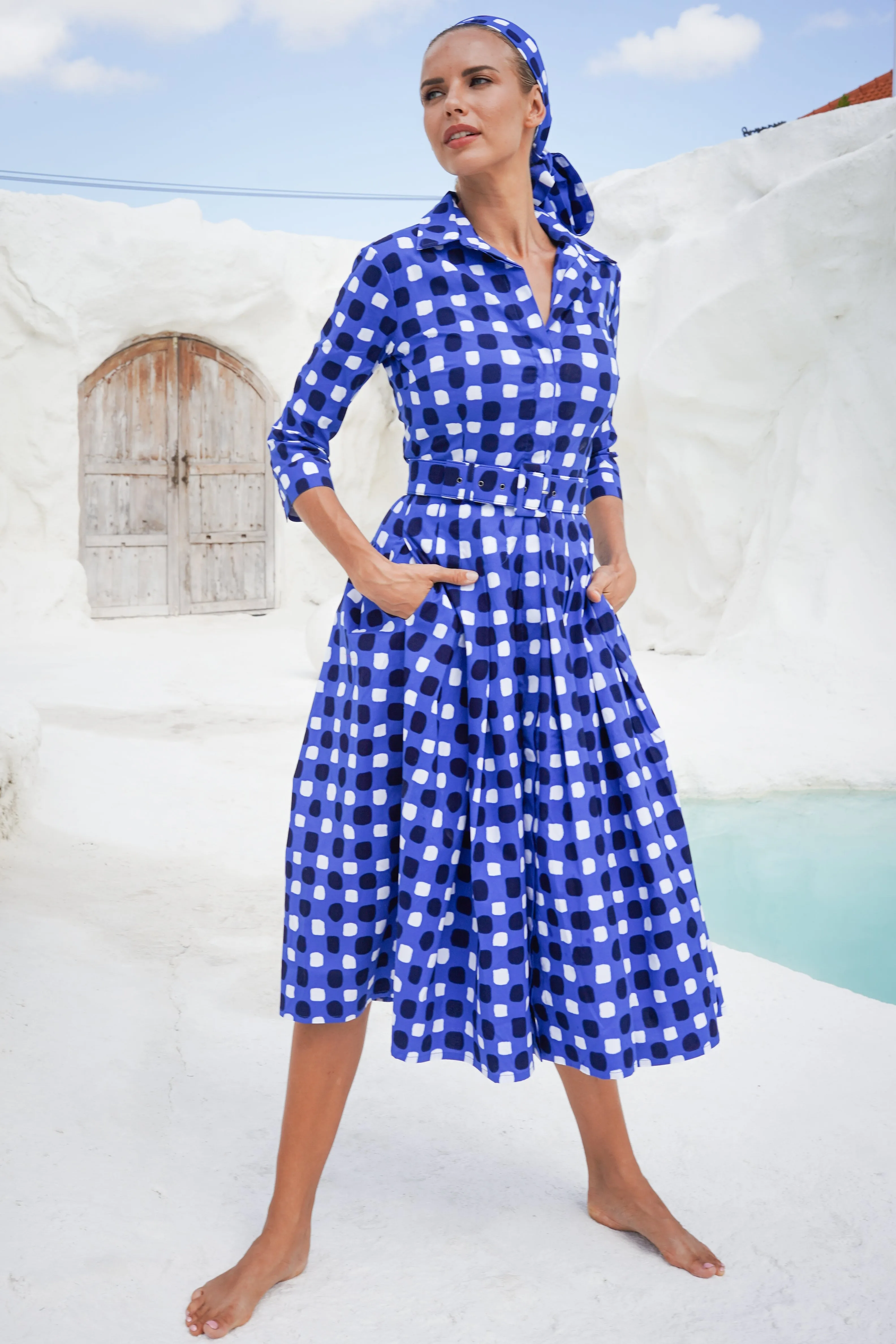 Audrey Dress #2 Shirt Collar 3/4 Sleeve Midi Length Cotton Stretch (Tie Dye Gingham Small)