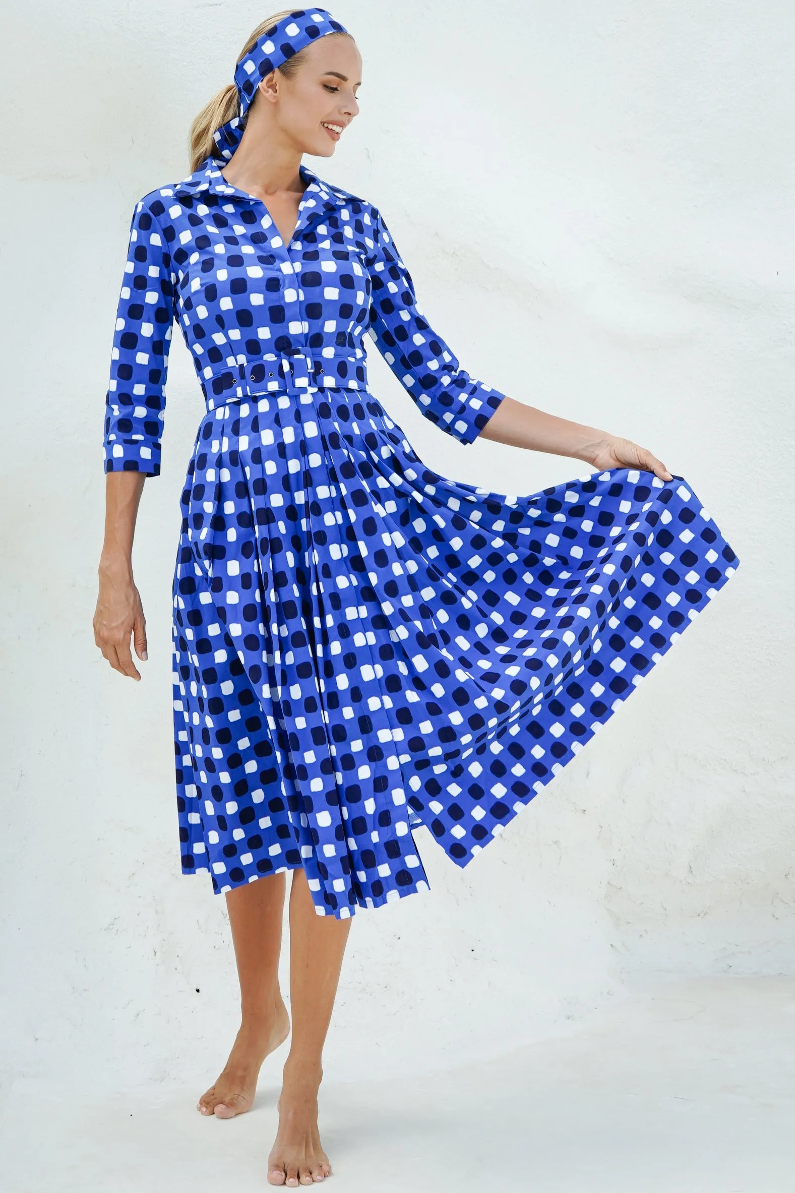 Audrey Dress #2 Shirt Collar 3/4 Sleeve Midi Length Cotton Stretch (Tie Dye Gingham Small)