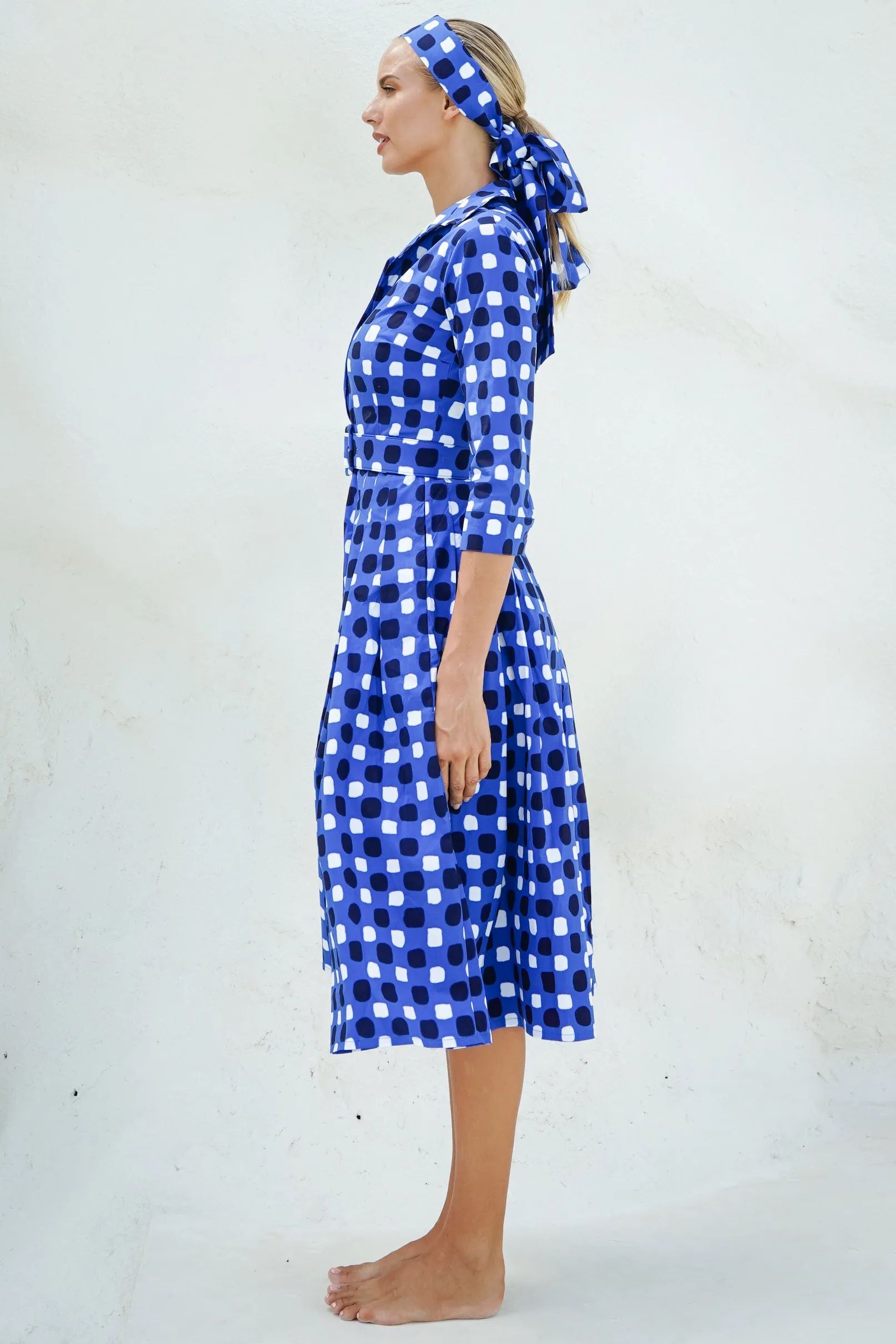 Audrey Dress #2 Shirt Collar 3/4 Sleeve Midi Length Cotton Stretch (Tie Dye Gingham Small)