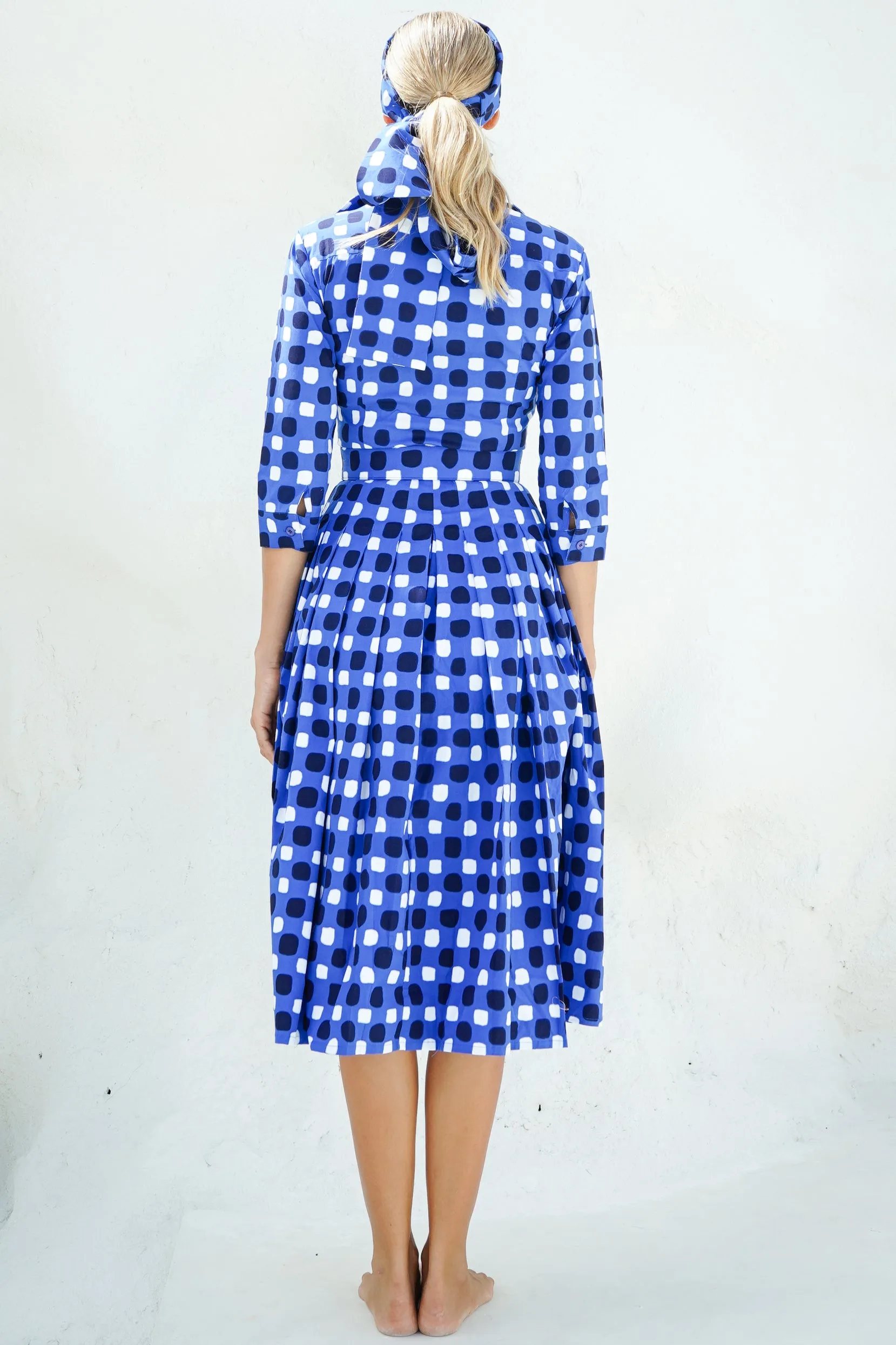 Audrey Dress #2 Shirt Collar 3/4 Sleeve Midi Length Cotton Stretch (Tie Dye Gingham Small)