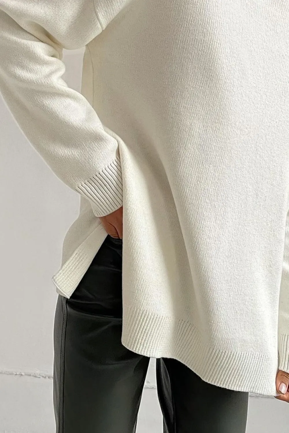 Basic Bae Side Slit Turtleneck Dropped Shoulder Sweater