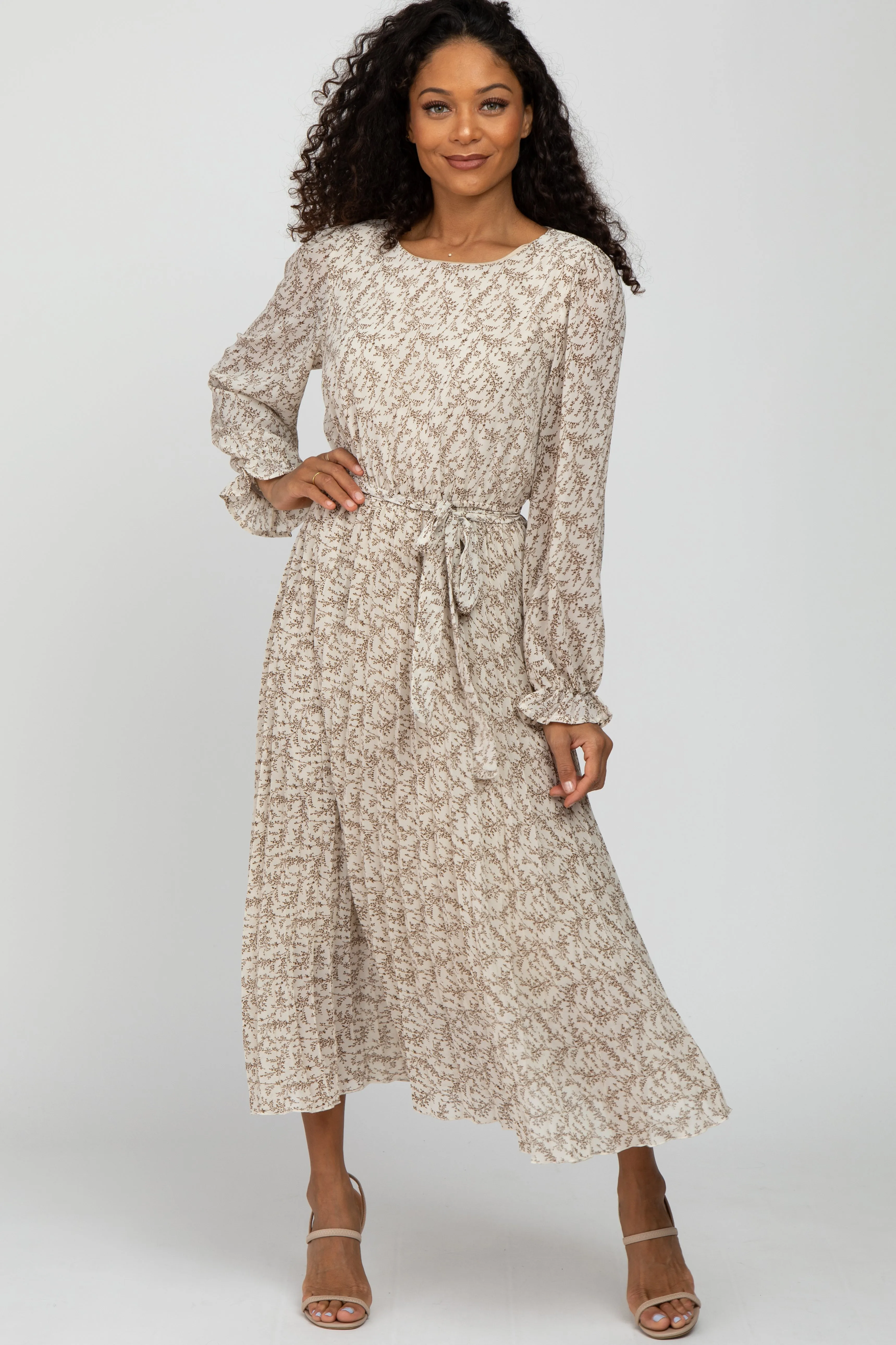 Beige Floral Chiffon Pleated Self Tie Maternity Midi Dress