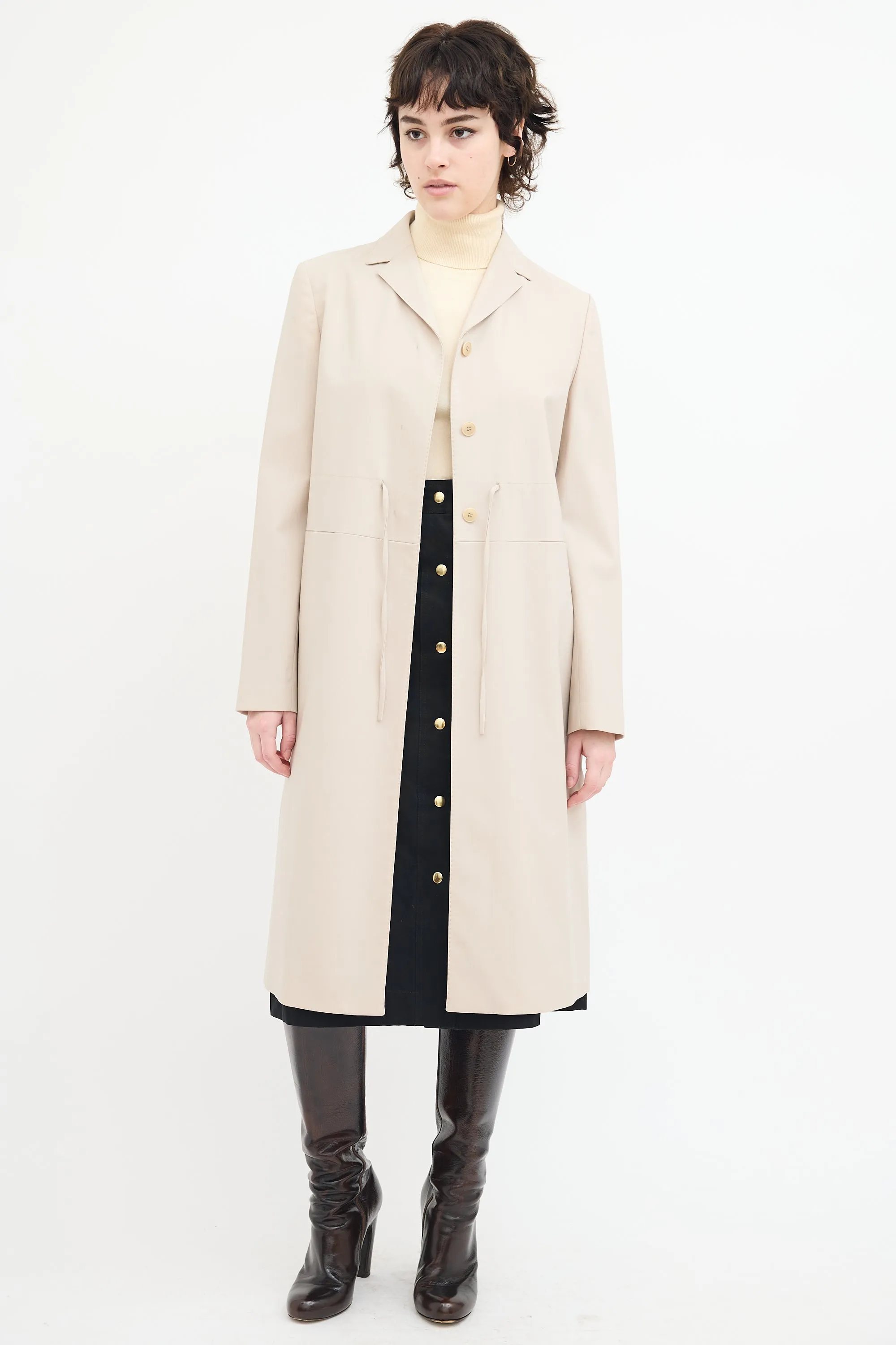 Beige Wool Drawstring Mid Length Coat