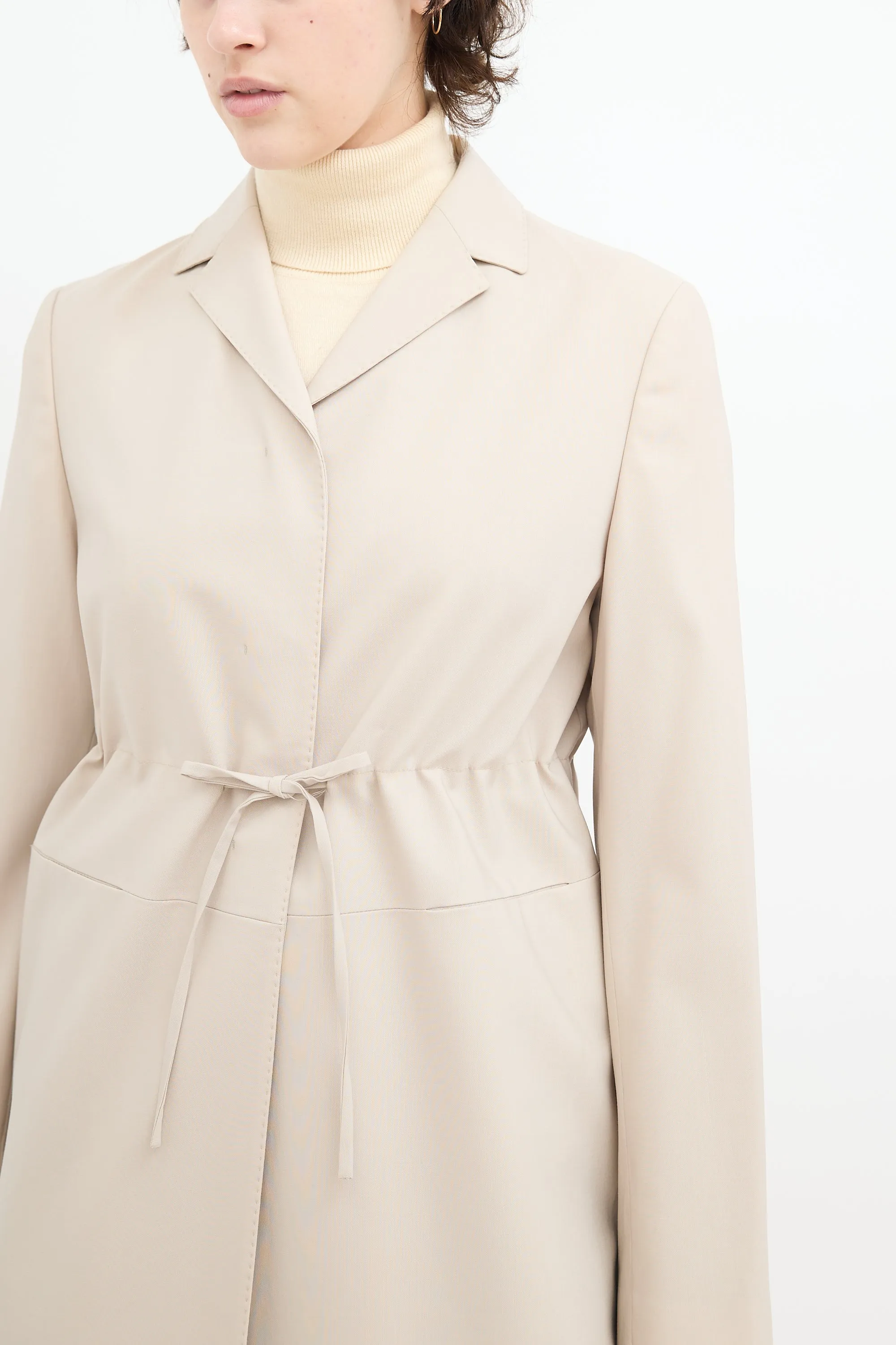 Beige Wool Drawstring Mid Length Coat