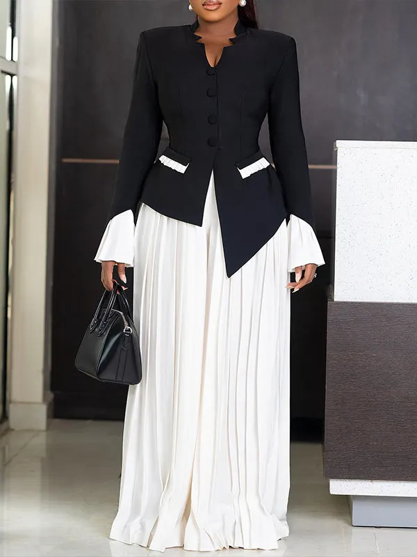 Bell-Sleeve Blazer & Pleated Skirt Set