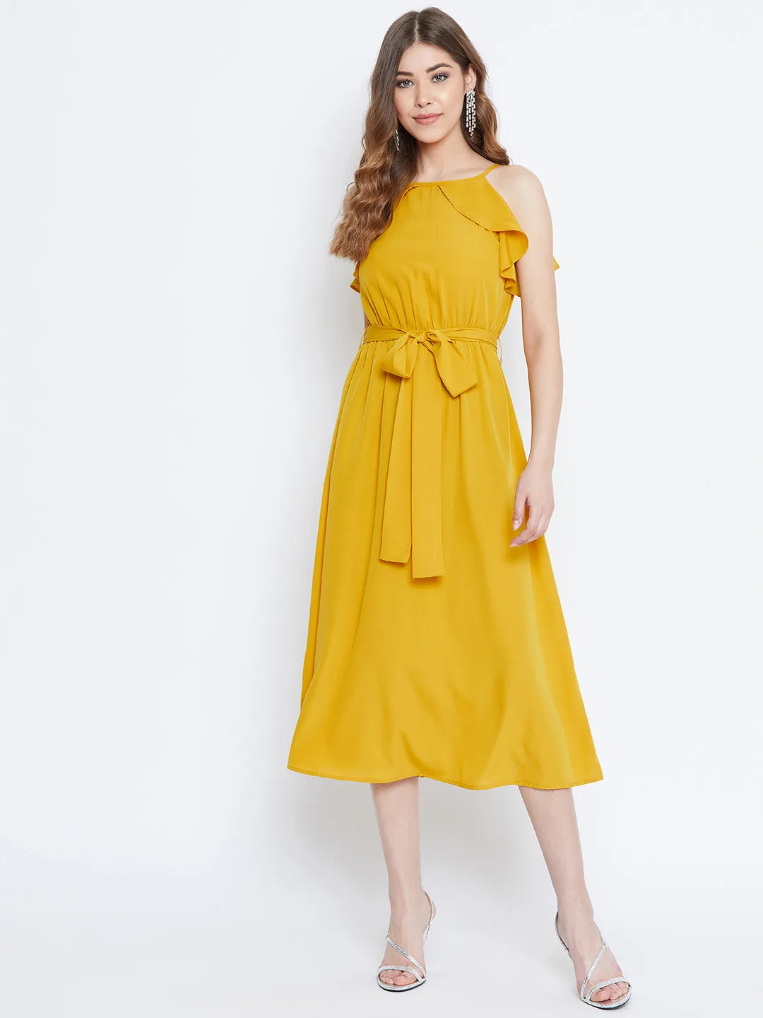 Berrylush Women Solid Yellow Ruffle Trim Sleeveless Belted Midi Dress