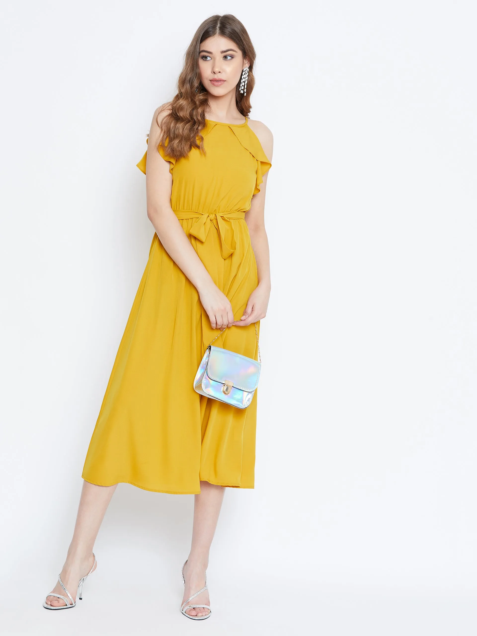 Berrylush Women Solid Yellow Ruffle Trim Sleeveless Belted Midi Dress