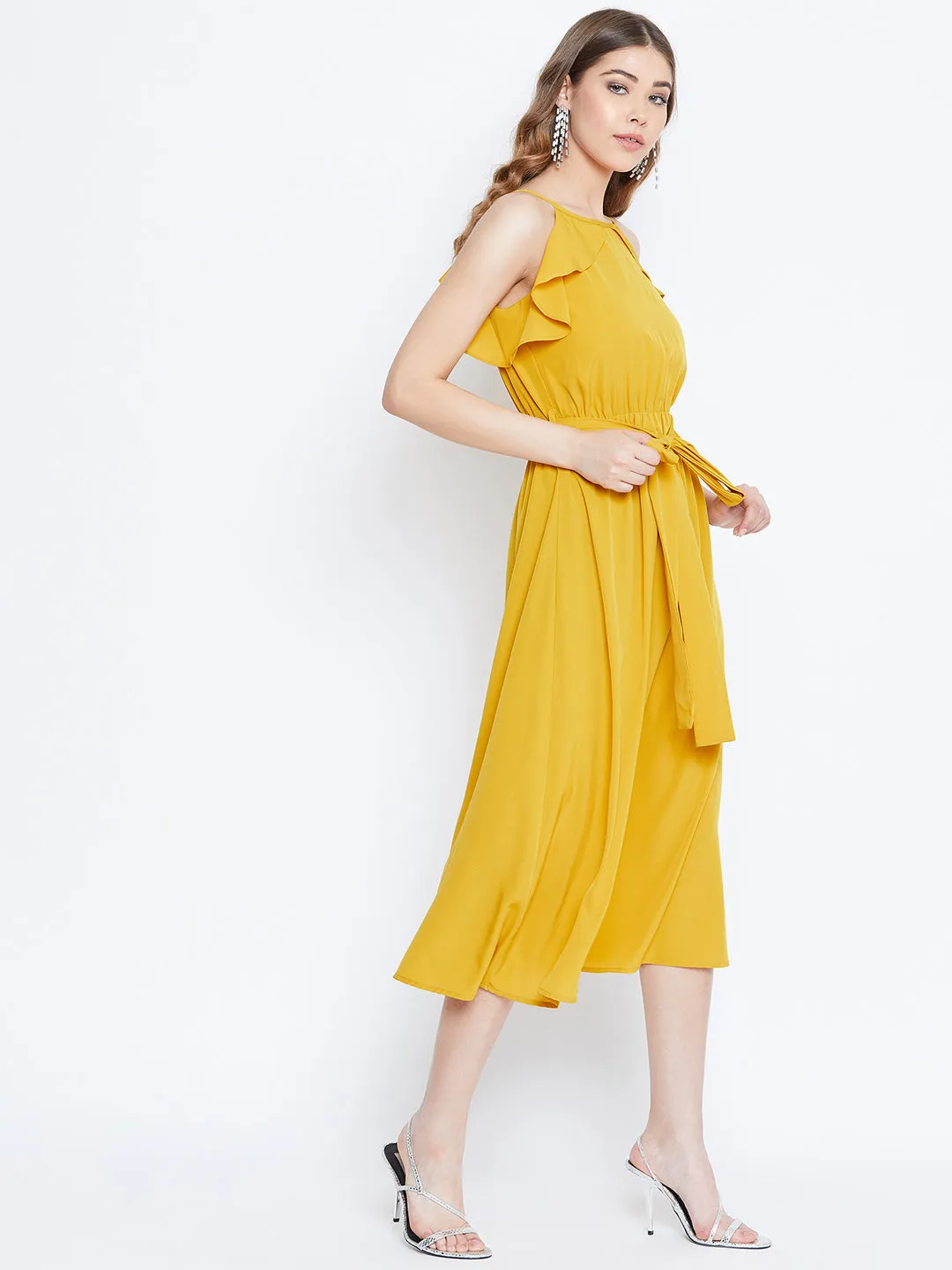 Berrylush Women Solid Yellow Ruffle Trim Sleeveless Belted Midi Dress