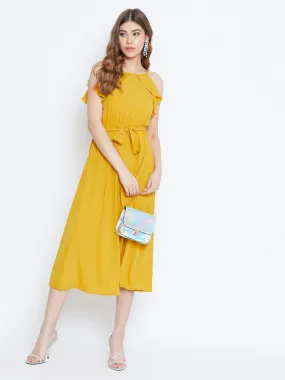 Berrylush Women Solid Yellow Ruffle Trim Sleeveless Belted Midi Dress