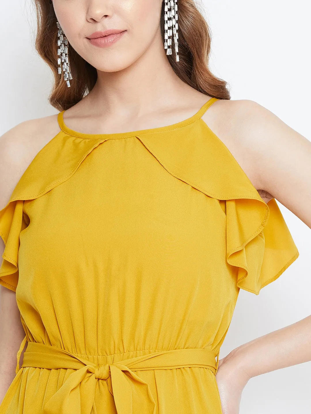 Berrylush Women Solid Yellow Ruffle Trim Sleeveless Belted Midi Dress