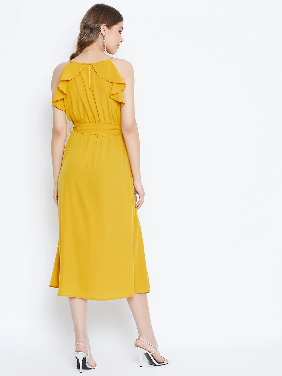 Berrylush Women Solid Yellow Ruffle Trim Sleeveless Belted Midi Dress