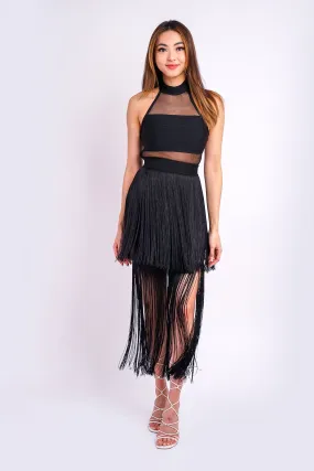 Black Bandage Halter Fringe Midi Dress