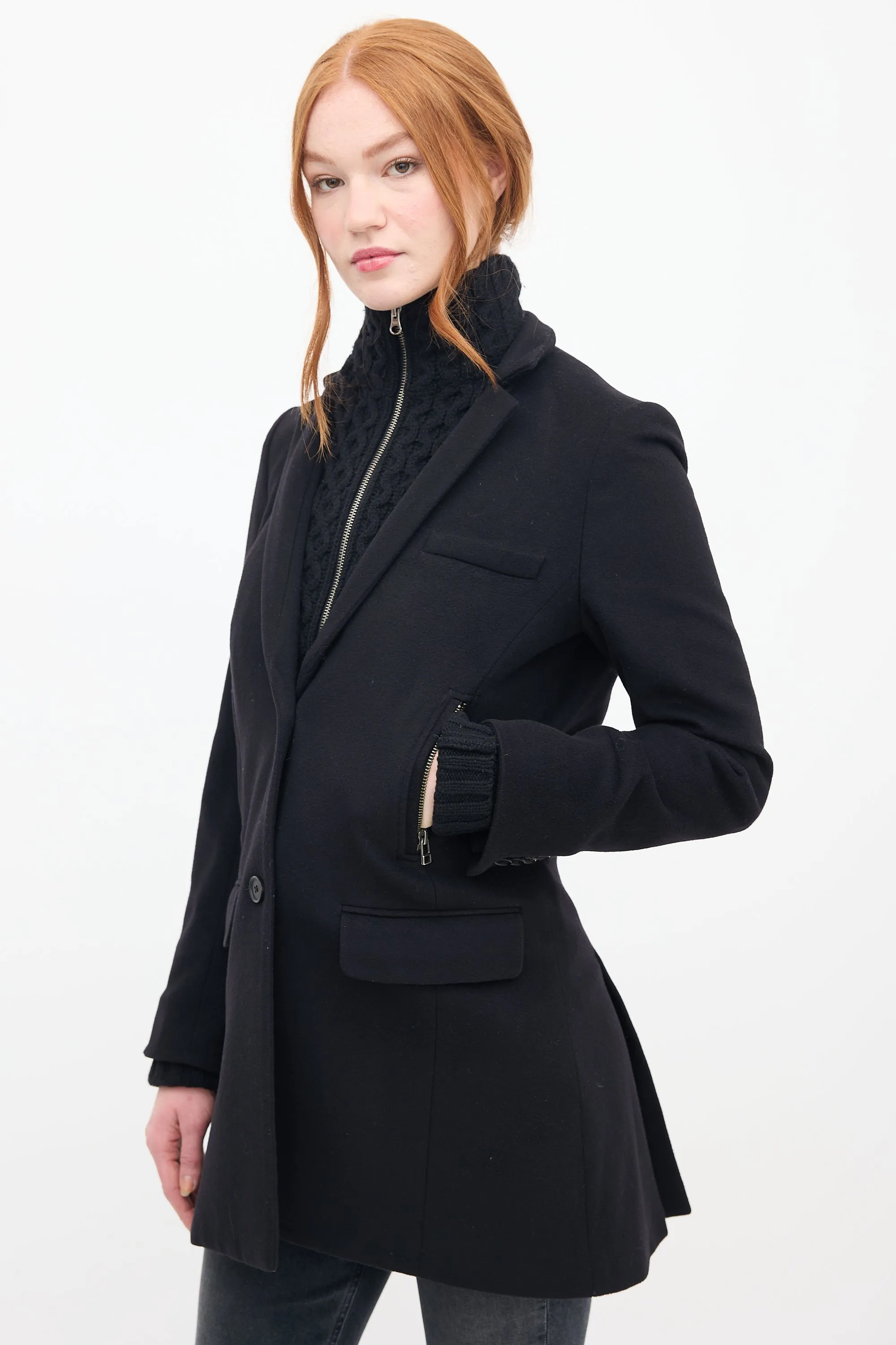 Black Wool & Knit Pea Coat