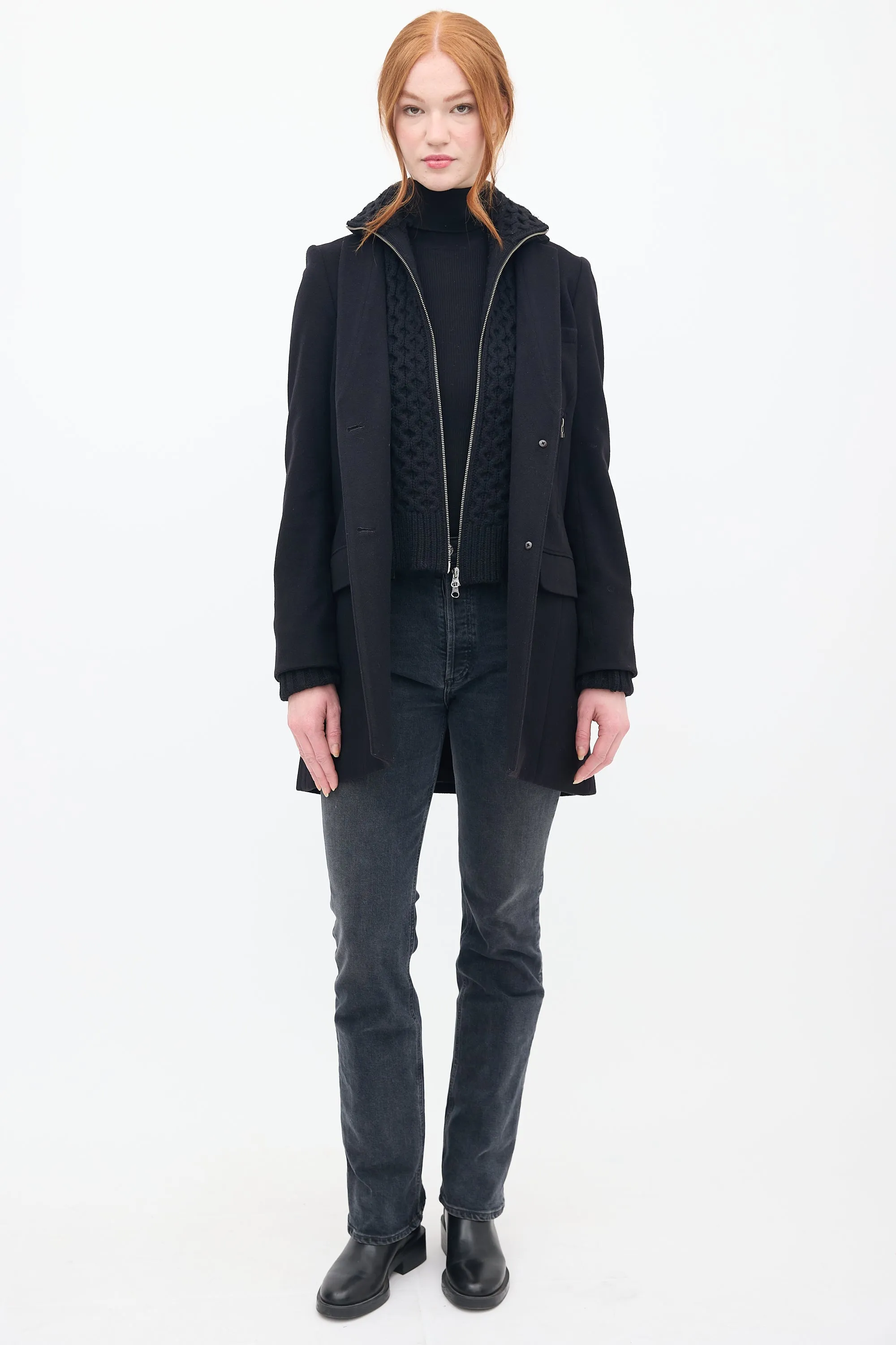 Black Wool & Knit Pea Coat