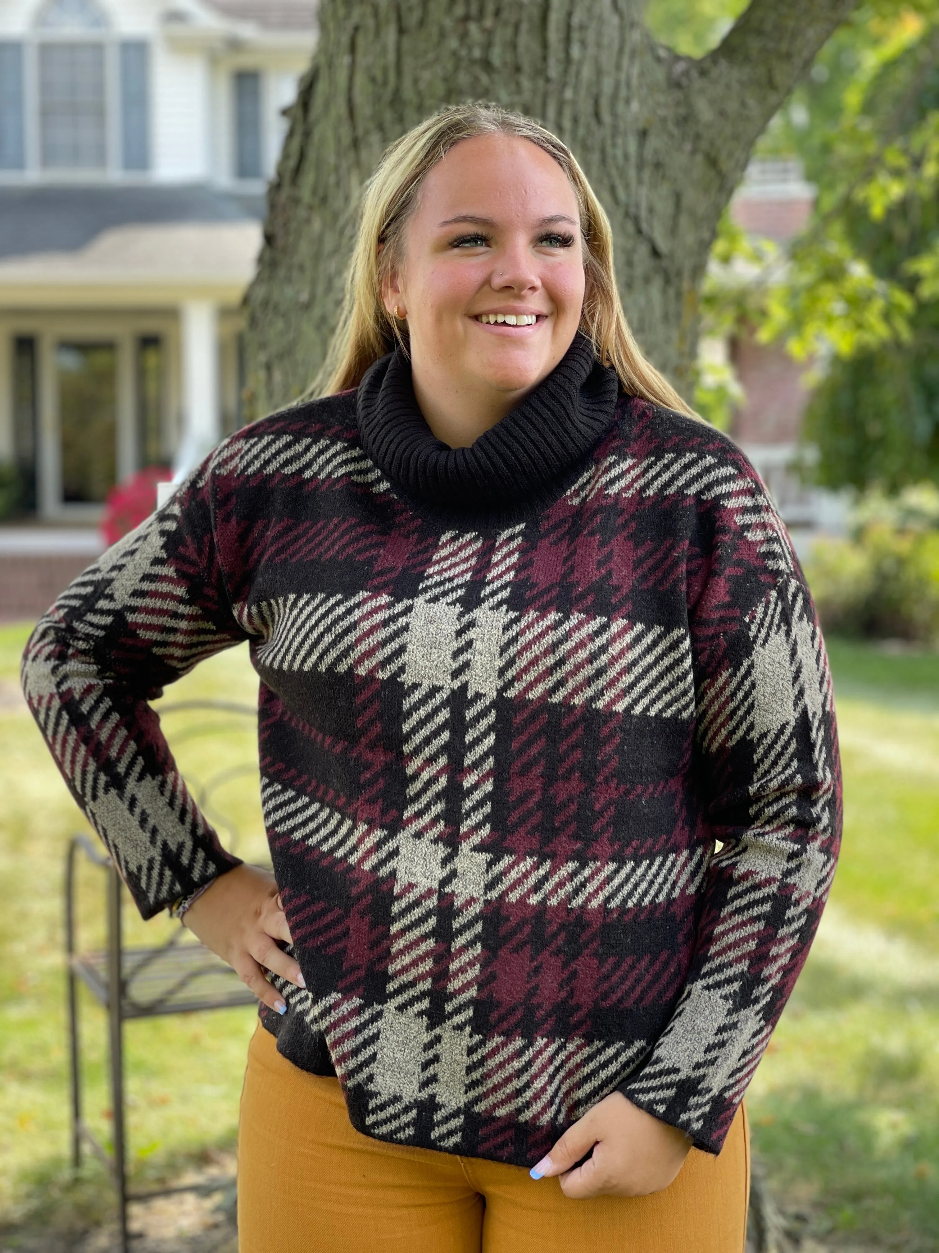 BLACK/BURGUNDY PLAID COWL NECK PULLOVER SWEATER