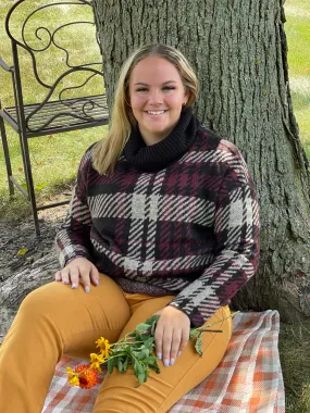 BLACK/BURGUNDY PLAID COWL NECK PULLOVER SWEATER