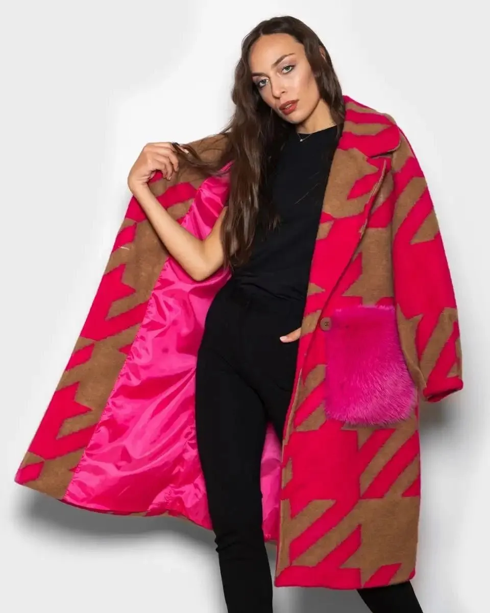 Brown Fuchsia Patterned Fox Coat With Pockets