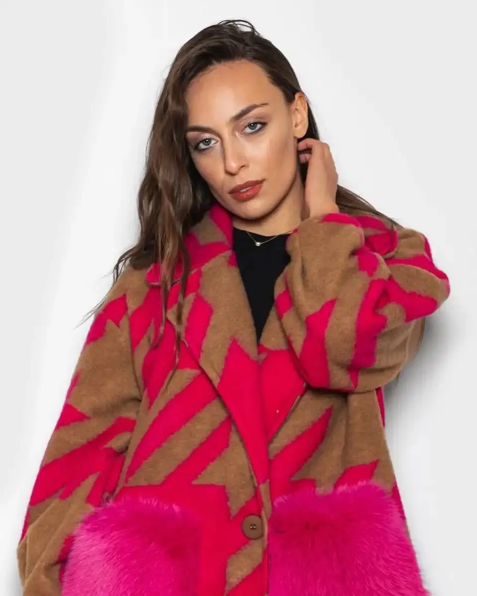 Brown Fuchsia Patterned Fox Coat With Pockets