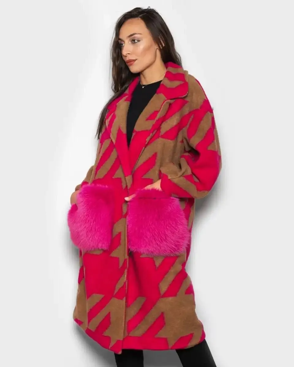 Brown Fuchsia Patterned Fox Coat With Pockets