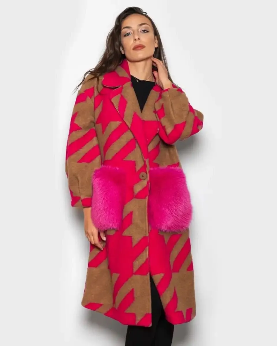 Brown Fuchsia Patterned Fox Coat With Pockets