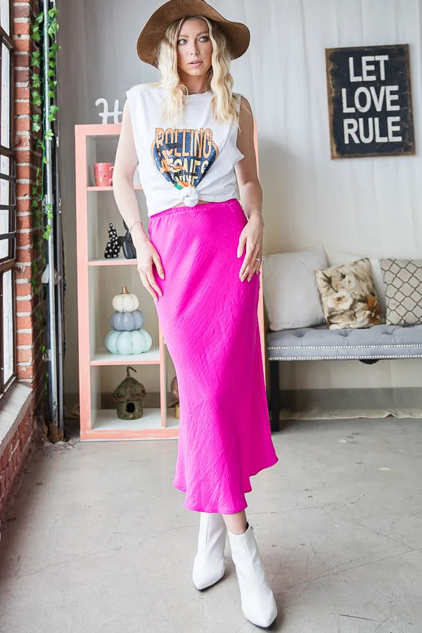 Bucketlist Solid Satin Midi Neon Skirt