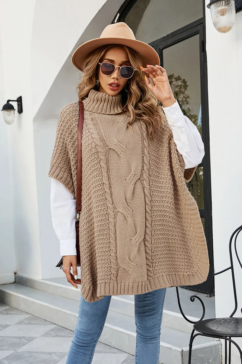 Cable-Knit Turtleneck Slit Sweater