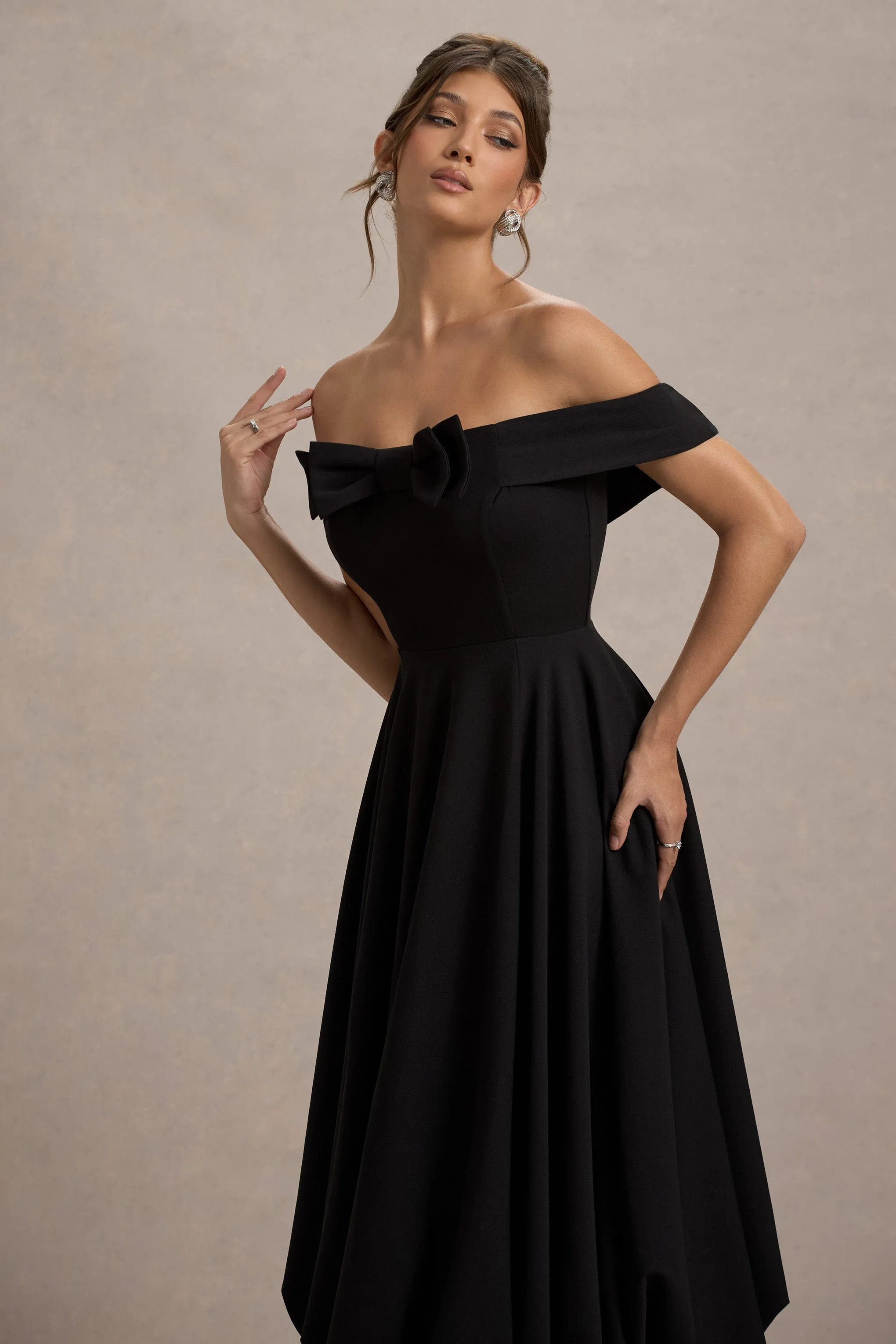 Calliopia | Black Bow Bardot Midi Dress With Puff-Ball Skirt