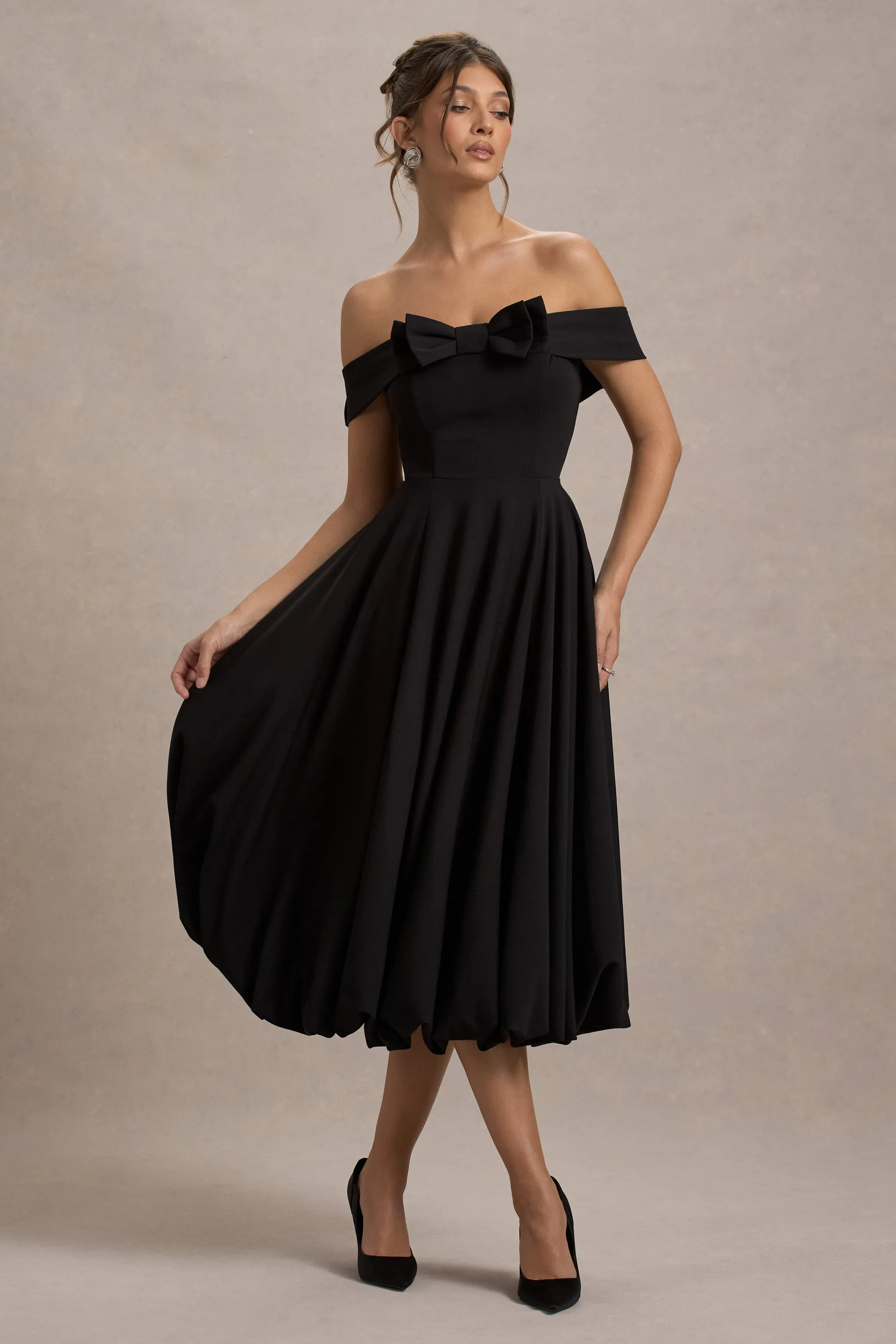 Calliopia | Black Bow Bardot Midi Dress With Puff-Ball Skirt