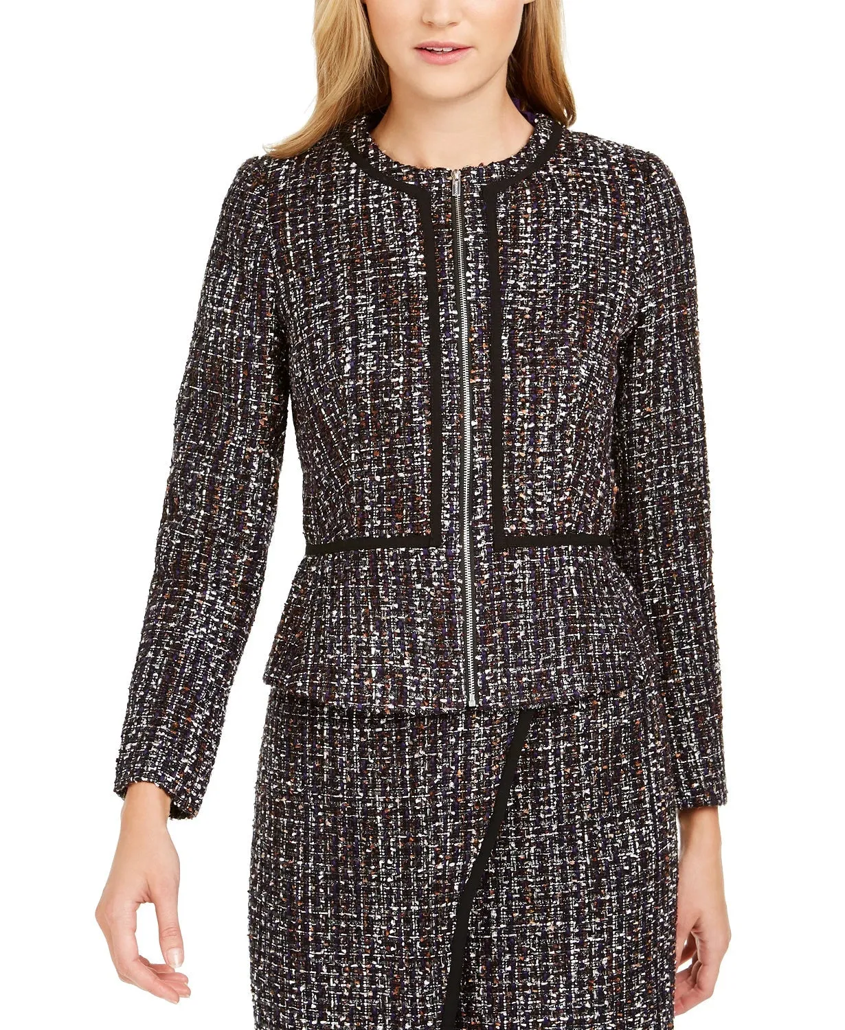 Calvin Klein Women's Tweed Zip-Front Collarless Jacket Black Size 4